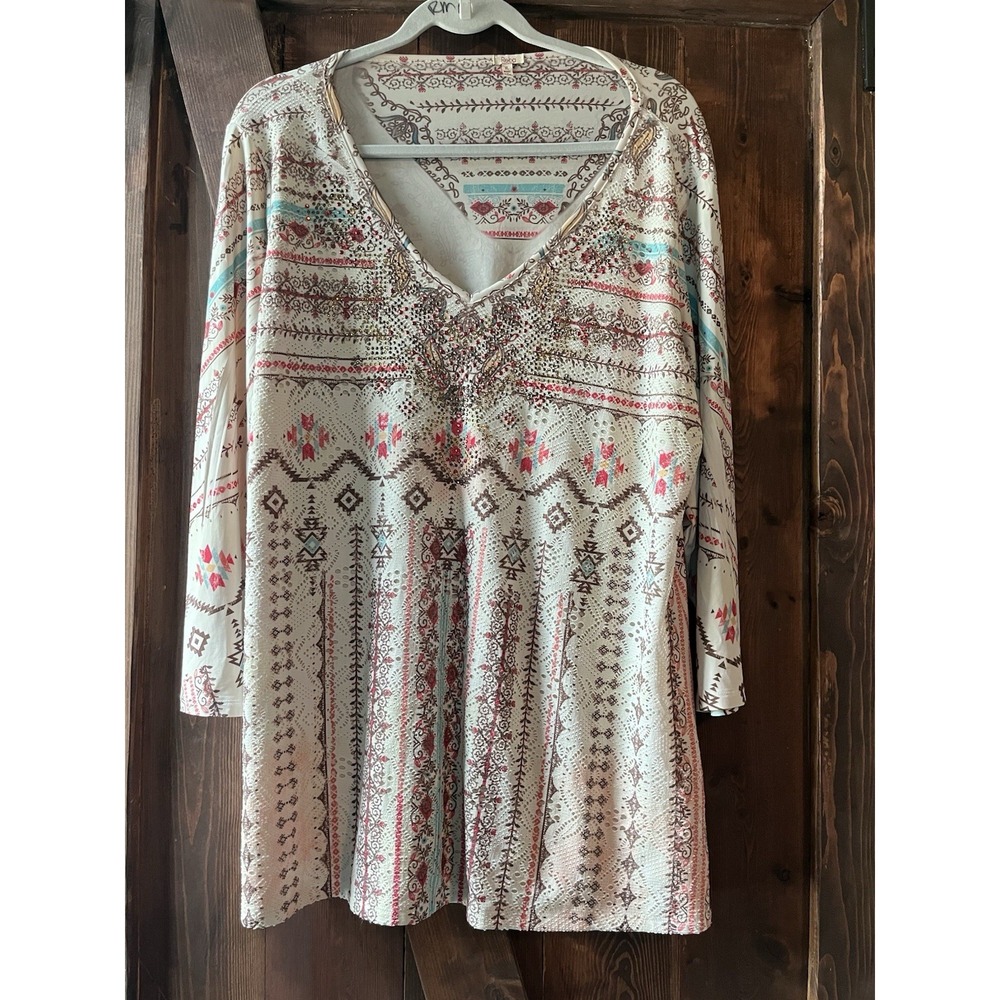 Reba Mcentire Tunic Top Women's Floral Aztec V-Neck XL Lined Coral Turquoise